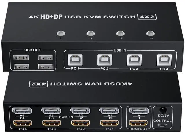 Main image of BolAAzuL HDMI + Displayport KVM Switch Box 4 Port, Dual Monitor 4 Computers HDMI 2.0 DP 1.2 USB 2.0 KVM Switch 4K 60Hz, Keyboard Mouse Peripherals Switcher HDMI+DP 4 in 2 Out for 4 PCs 2 Monitors