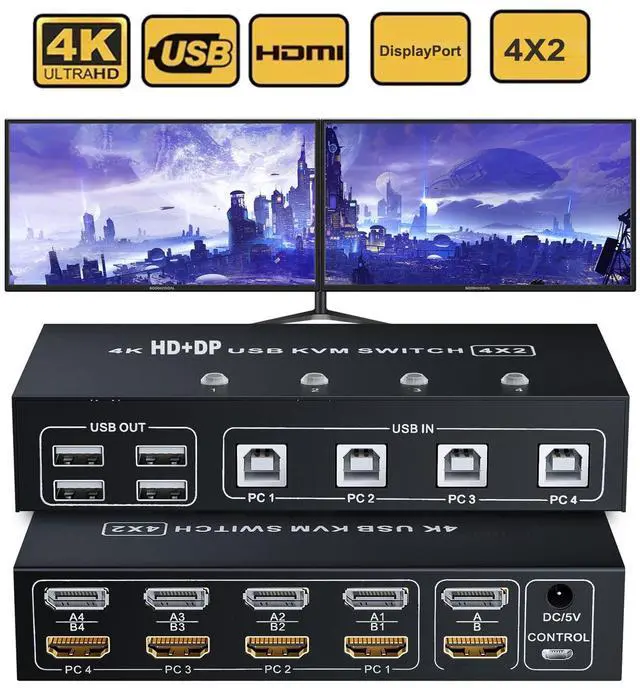 Alt view image 3 of 5 - BolAAzuL HDMI + Displayport KVM Switch Box 4 Port, Dual Monitor 4 Computers HDMI 2.0 DP 1.2 USB 2.0 KVM Switch 4K 60Hz, Keyboard Mouse Peripherals Switcher HDMI+DP 4 in 2 Out for 4 PCs 2 Monitors