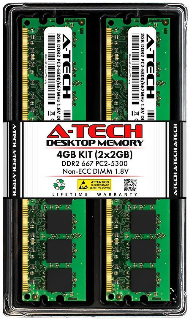 Main image of A-Tech 4GB (2x2GB) DDR2 667MHz DIMM PC2-5300 1.8V CL5 240-Pin Non-ECC UDIMM Desktop RAM Memory Upgrade Kit