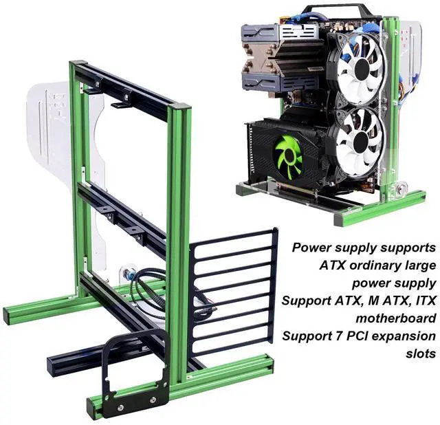 Alt view image 5 of 5 - Computer Case Computer Chassis Open Frame Aluminum Computer Open Case Bracket PC Vertical DIY Frame Open Air Gaming Computer Case Chassis for ATX, M ATX, ITX Motherboards (Green Black)
