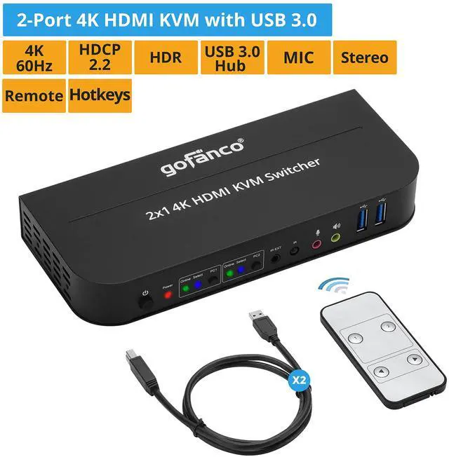 Alt view image 2 of 5 - gofanco 2 Port HDMI KVM Switch with USB 3.0  4K @60Hz 4:4:4, 18Gbps, HDR, 3D, HDCP 2.2/1.4, USB Keyboard/Mouse, USB 3.0 Hub, MIC in, Stereo Out, IR Remote, Hotkeys (KVMHD2-2P)