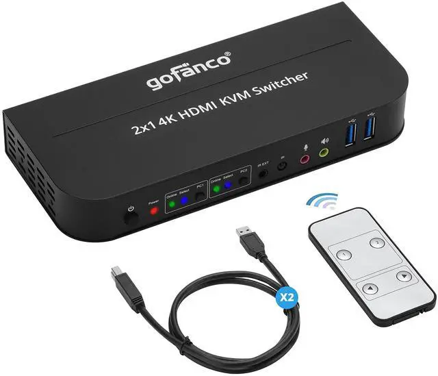 Main image of gofanco 2 Port HDMI KVM Switch with USB 3.0  4K @60Hz 4:4:4, 18Gbps, HDR, 3D, HDCP 2.2/1.4, USB Keyboard/Mouse, USB 3.0 Hub, MIC in, Stereo Out, IR Remote, Hotkeys (KVMHD2-2P)