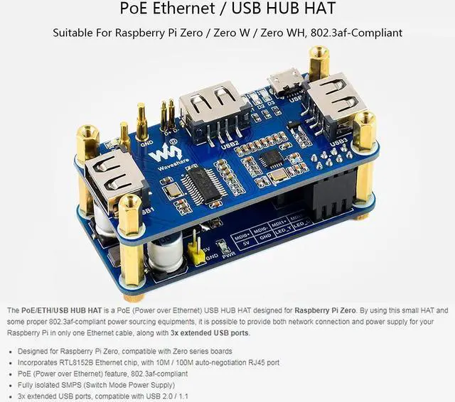 Alt view image 2 of 5 - Bicool Power Over Ethernet (PoE) Ethernet/USB HUB HAT for Raspberry Pi Zero/Zero W/Zero WH, 3X USB 2.0 Ports, RJ45 Ethernet Port 802.3af-Compliant