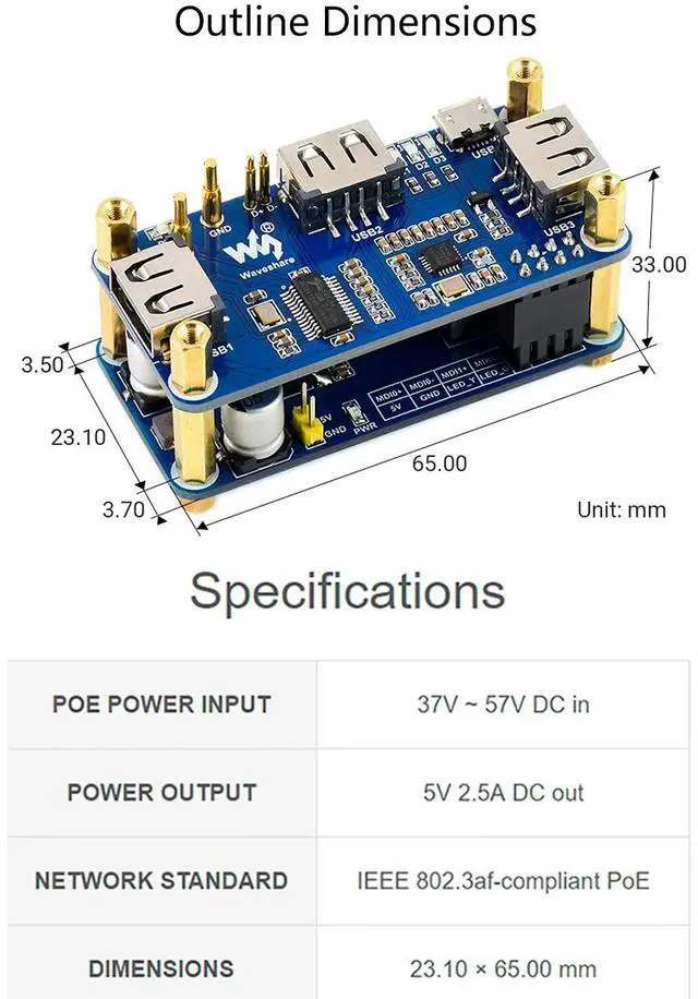 Alt view image 5 of 5 - Bicool Power Over Ethernet (PoE) Ethernet/USB HUB HAT for Raspberry Pi Zero/Zero W/Zero WH, 3X USB 2.0 Ports, RJ45 Ethernet Port 802.3af-Compliant