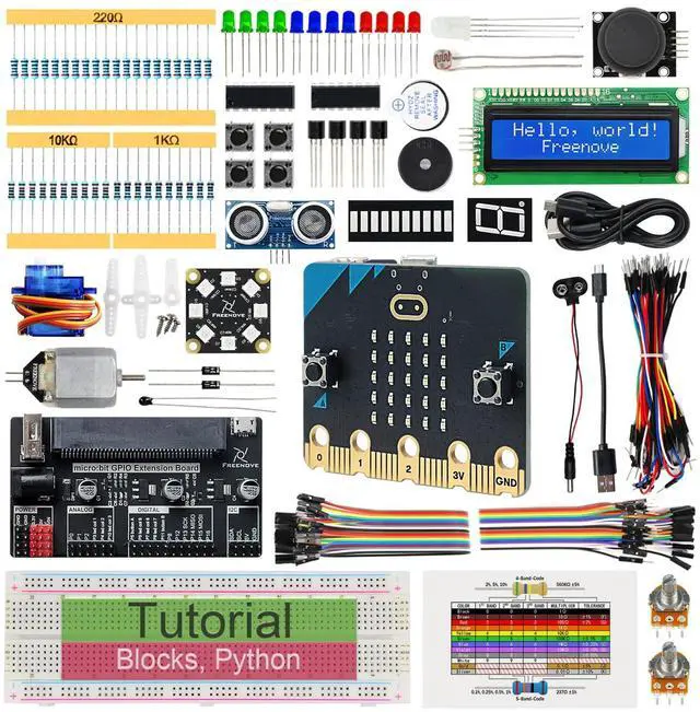 Main image of Freenove Super Starter Kit for BBC Micro:bit (V2 Included), 266-Page Detailed Tutorial, 192 Items, 38 Projects, Blocks and Python Code