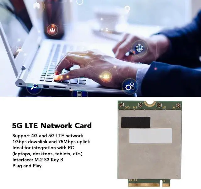 Alt view image 5 of 5 - L860-GL-16 4G 5G LTE Network Card, Wireless Network Module NGFF M.2 S3 Key B 1Gbps Downlink 75Mbps Uplink High Speed Support LTE FDD, LTE TDD and WCDMA, for Laptop Desktop