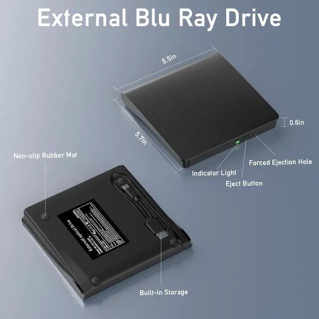 Alt view image 5 of 5 - External Bluray Drives, USB External Blu Ray Drive for Laptop and PC, External Bluray DVD Burner USB 3.0 and Type C Port, External CD/DVD Drive Compatible with Windows XP/7/8/10/11, Mac OS