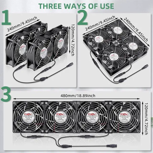 Alt view image 4 of 5 - Wathai 120mm x 4 Dual Ball Computer Fan 110v - 240v with Variable Speed Control,for,Garage Attic Window Exhaust,GPU Mining Rig,Server Rack,AV Cabinets,Home Theater Cooling