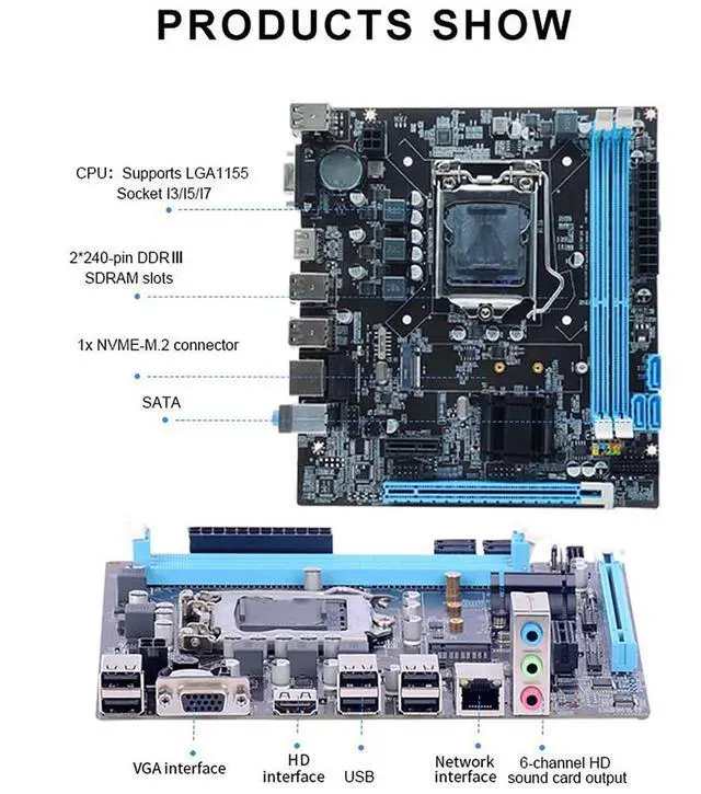 Alt view image 3 of 5 - Micro ATX Motherboard for LGA1155 Socket with DDR3, M.2 NVMe NGFF, 3 Phase Power, VGA HD Output