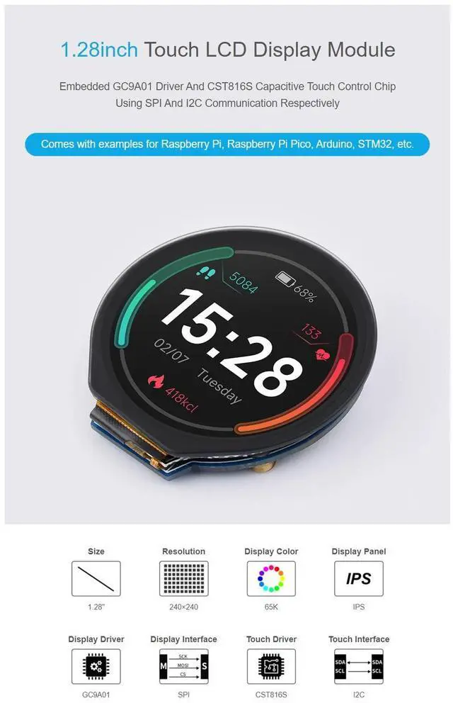 Alt view image 4 of 5 - Coolwell 1.28inch Round LCD with Touch Panel for Raspberry Pi 4B+ 4B 3B+ 3B 2B+ Zero W WH 2 W Pico 240×240 IPS Display Module SPI and I2C Embedded GC9A01 Driver