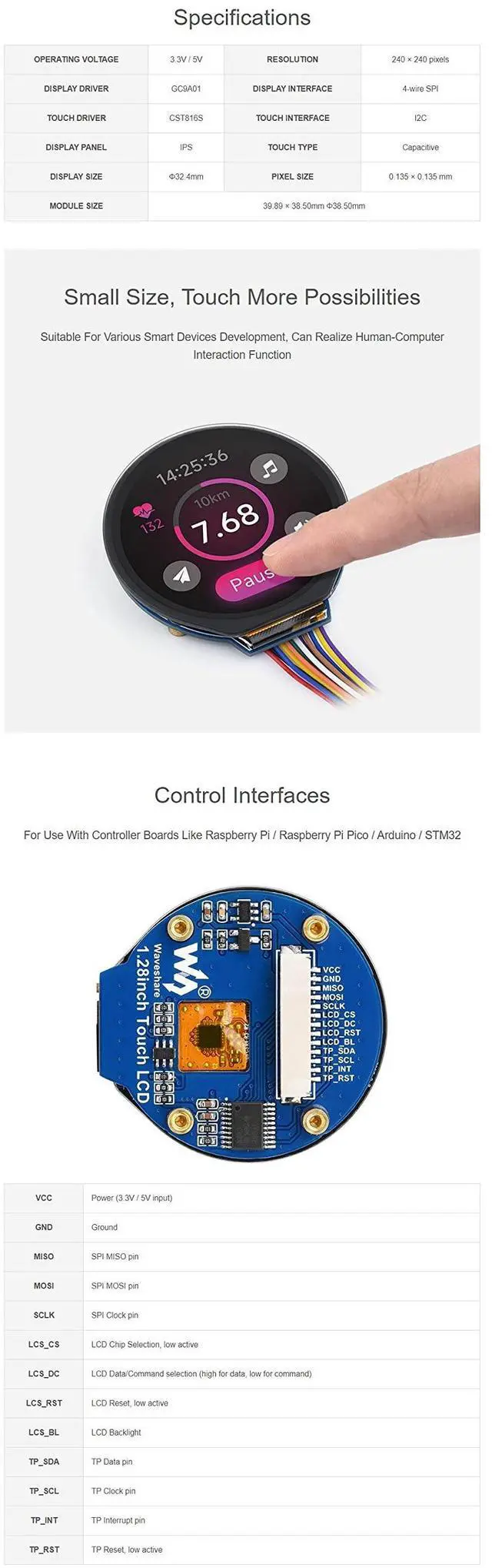 Alt view image 5 of 5 - Coolwell 1.28inch Round LCD with Touch Panel for Raspberry Pi 4B+ 4B 3B+ 3B 2B+ Zero W WH 2 W Pico 240×240 IPS Display Module SPI and I2C Embedded GC9A01 Driver