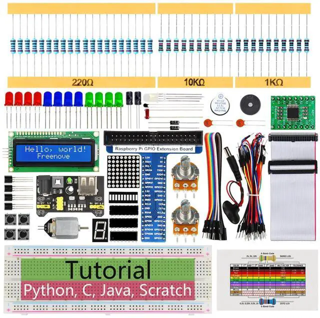 Main image of Freenove Super Starter Kit for Raspberry Pi 5 4 B 3 B+ 400 Zero 2 W, 682-Page Detailed Tutorial, Python C Java Scratch Processing Code, 164 Items, 88 Projects (Raspberry Pi NOT Included)