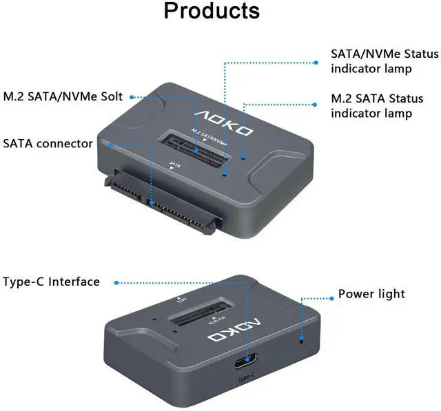 Alt view image 2 of 5 - AOKO NVMe to USB 3.2(10Gbps) SSD Reader Docking Station  Portable M.2 SSD to USB Adapter External NVMe SSD Enclosure for M.2 PCIe NVMe and M.2 SATA SSD, Compatible with 2.5'' SATA Dirve