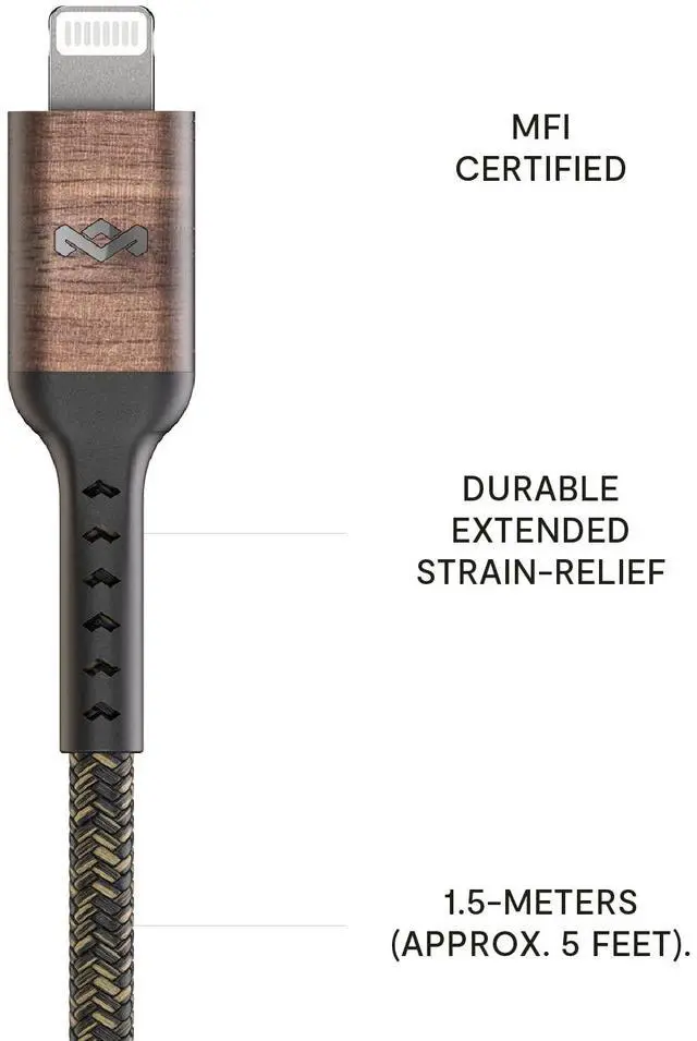 Alt view image 3 of 5 - House of Marley Rewind USB-C to Lightning Cable: Braided Charging Cable, USB-IF and MFI-Certified, 5ft Length, Made with Sustainable Materials