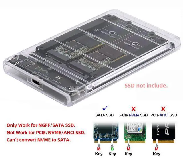 Alt view image 3 of 5 - xiwai Dual NGFF B+M-Key M.2 SSD Card JOBD Raid0 Span Bridge to USB3.0 Type-C USB-C 2.5inch SATA Combo Enclosure