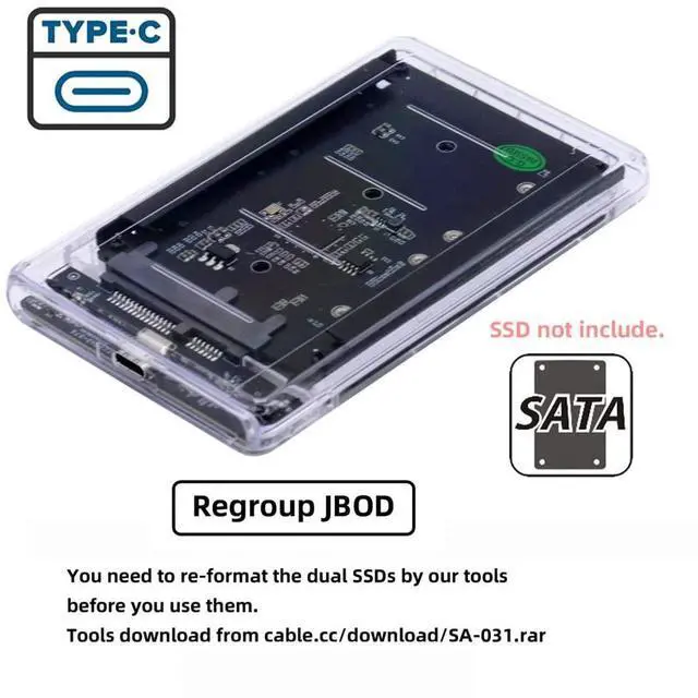 Alt view image 5 of 5 - xiwai Dual NGFF B+M-Key M.2 SSD Card JOBD Raid0 Span Bridge to USB3.0 Type-C USB-C 2.5inch SATA Combo Enclosure