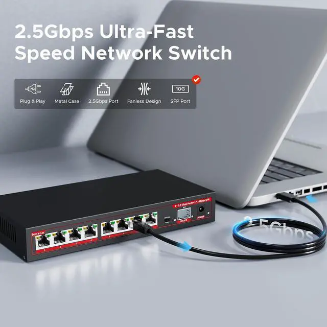 Alt view image 2 of 5 - ienRon 2.5G Switch 9 Ports with 1*10Gb switches , 8 Ports 2.5Gb and 1x10G SFP+ Slot, Vlan FunctionEthernet ,Network Switch, 60Gbps Capacity, Splitter| Plug & Play| Fanless Metal Design| Traffic