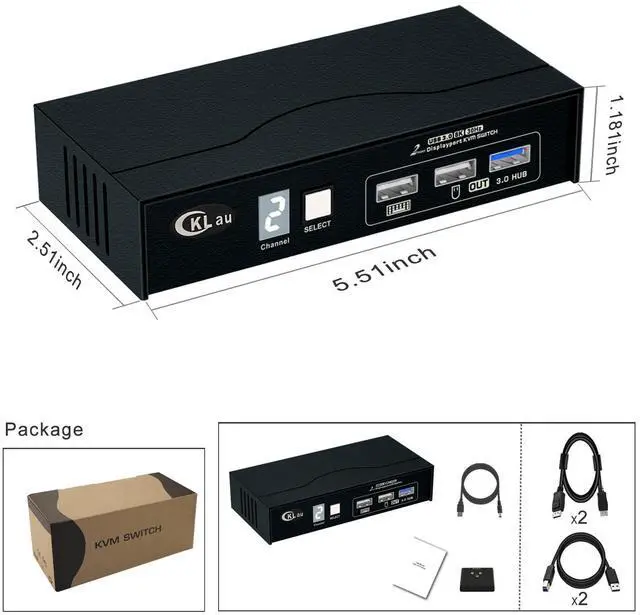 Alt view image 4 of 5 - CKLau 8K60Hz 4K144Hz 2 Port USB 3.0 KVM Switch Displayport 1.4 with All Input Cables, Digital Display for Two Computers Sharing One Monitor