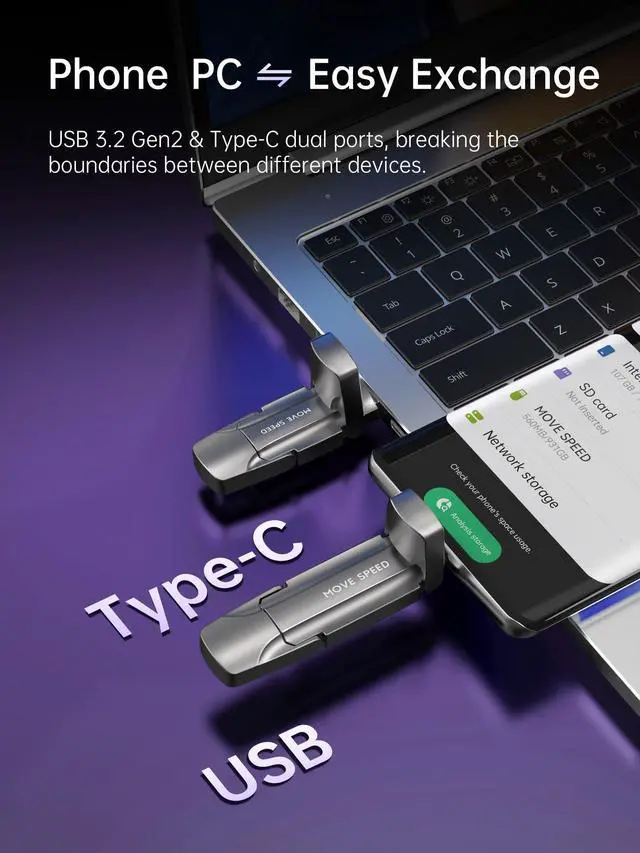 Alt view image 3 of 5 - MOVE SPEED 1TB Flash Drive, External SSD with 1000MB/s Read Write Speed, USB 3.2 Gen2+Type C Dual Port Portable SSD, Thumb Drive for iPhone 15, 16 Series/MacBook/Android Phone/Audio etc(1 Pack)