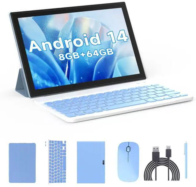 Main image of Tablet 2 in 1 Tablets 10 inch Android 14 Tablet Set with Keyboard Case Mouse Stylus Film, 8GB+64GB Tablets 10.1" Tab 1280*800 HD Touch Screen, 8MP Dual Camera Games Wi-Fi Bluetooth Tableta PC Blue.
