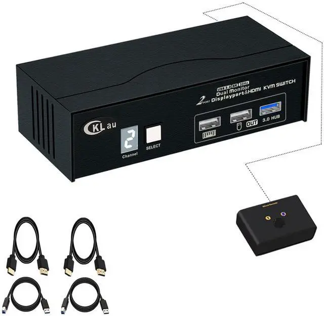 Main image of CKLau Displayport 1.4 + HDMI 2.1 2 Computers 2 Monitors Switch 8K30Hz 4K144Hz 2 in 2 Out with Cables, Digital Display, USB 3.0 Hub, Wired Remote Controller
