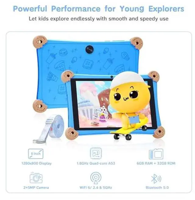 Alt view image 2 of 5 - Topsand 2025 Kids Tablet, 8 Inch Android Tablet for Kids 3-12 with KIDOZ Preinstalled, 6GB+32GB Storage, WiFi 6, Parental Control, Anti-Fall Design, Adjustable Strap Included, Great Gift for Kids