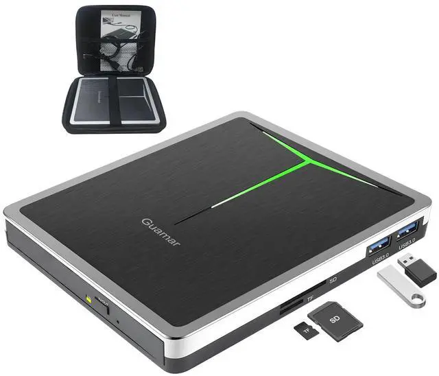 Main image of Guamar External CD DVD Drive: Portable USB-C Burner for Laptop PC Mac Windows 11 with SD/TF Slot/2 USB Ports/Carrying Case - Plug & Play - High-Speed Read Write Music/Movie/Video