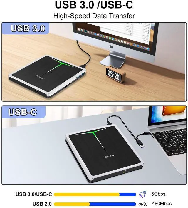 Alt view image 3 of 5 - Guamar External CD DVD Drive: Portable USB-C Burner for Laptop PC Mac Windows 11 with SD/TF Slot/2 USB Ports/Carrying Case - Plug & Play - High-Speed Read Write Music/Movie/Video