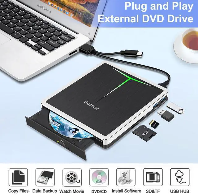 Alt view image 2 of 5 - Guamar External CD DVD Drive: Portable USB-C Burner for Laptop PC Mac Windows 11 with SD/TF Slot/2 USB Ports/Carrying Case - Plug & Play - High-Speed Read Write Music/Movie/Video