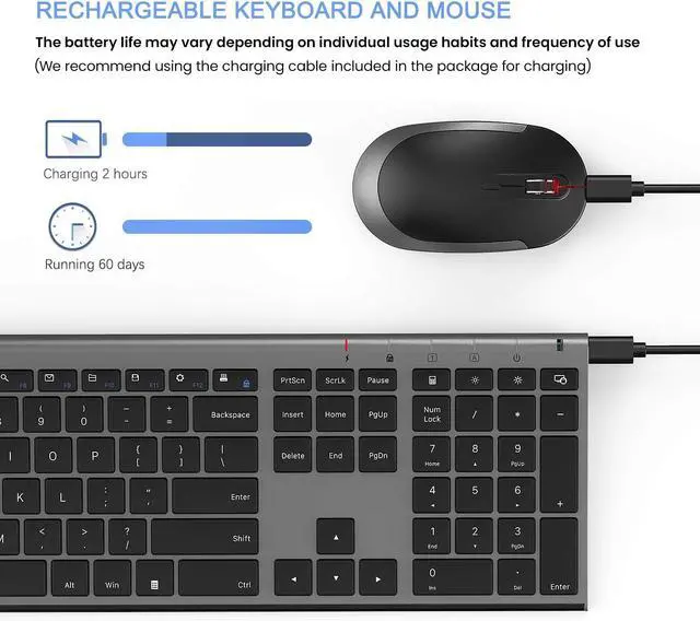 Alt view image 2 of 5 - Wireless Keyboard and Mouse, Vssoplor Rechargeable Quiet Full-Size Keyboard and Mouse Combo Set Ultra Slim Design for Laptop, PC, Notebook, Desktop-Dark Gray