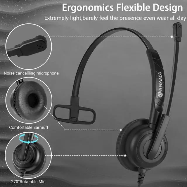 Alt view image 3 of 5 - Arama Upgraded Cell Phone Headset with Microphone Noise Cancelling & Call Controls, 3.5mm Computer Headphone for iPhone, Android, Laptop, PC, Call Center Office, Business Skype Softphone
