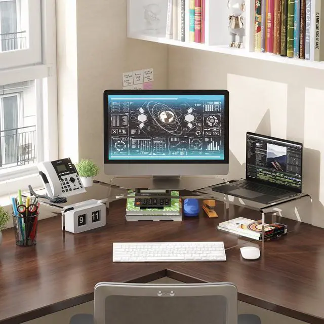 Alt view image 3 of 5 - X-cosrack Clear Acrylic Monitor Stand Riser, 3 Shelves Adjustable Dual Monitor Stand with Anti-Slip Mat, Premium Desk Organizer for Home Office, Laptops, PCs, Printers, TVs