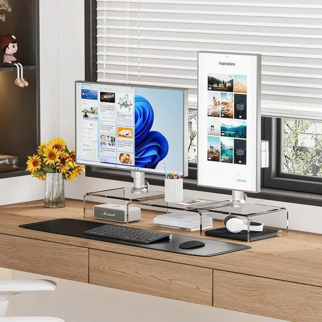 Alt view image 2 of 5 - X-cosrack Clear Acrylic Monitor Stand Riser, 3 Shelves Adjustable Dual Monitor Stand with Anti-Slip Mat, Premium Desk Organizer for Home Office, Laptops, PCs, Printers, TVs