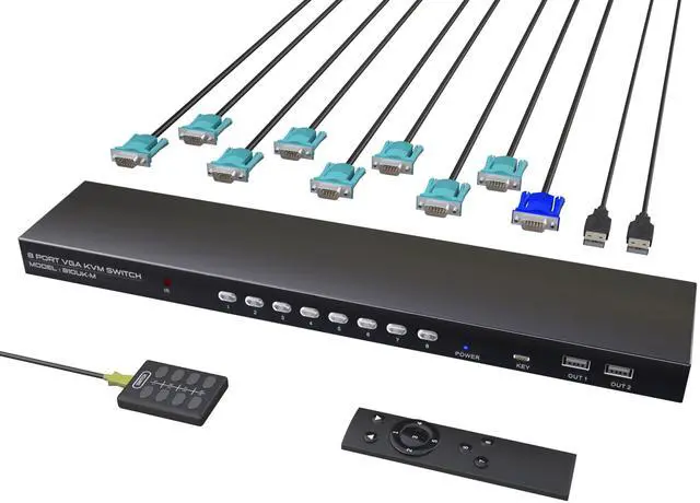 Main image of VGA KVM Switch 8 Ports - KVM Switch with Remote,USB Switcher 8 Computers Share 1 Monitor 4 USB 2.0 Hubs,Keyboard Mouse Printer,8 KVM VGA Cables 1 Desktop Controller 1 IR Remote