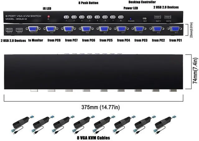 Alt view image 2 of 5 - VGA KVM Switch 8 Ports - KVM Switch with Remote,USB Switcher 8 Computers Share 1 Monitor 4 USB 2.0 Hubs,Keyboard Mouse Printer,8 KVM VGA Cables 1 Desktop Controller 1 IR Remote