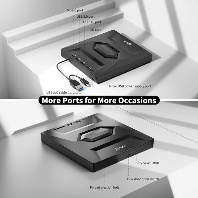 Alt view image 2 of 5 - Alxum External CD/DVD Drive for Laptop, Type-C USB 3.0 Portable CD Player DVD Burner with SD Slot & USB Ports DVD 8X CD 24X Super Fast Speed for Windows/Mac OS/Linux/Vista