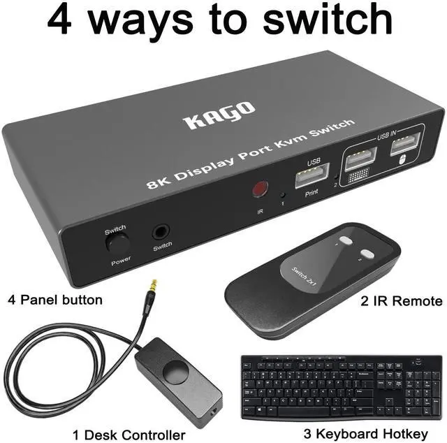 Alt view image 4 of 5 - KAGO Display Port KVM Switch,8K@60Hz 4K@144Hz DP KVM Switch 1 Monitor 2 Computers Share 3 USB2.0 Keyboard Mouse Printer,for Esports Gaming,3D Graphics Video,IR Remote,Displayport & USB Cable