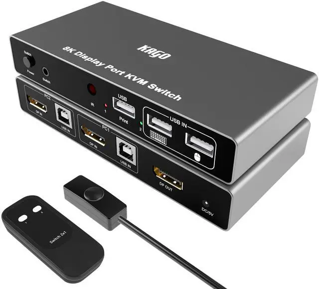 Main image of KAGO Display Port KVM Switch,8K@60Hz 4K@144Hz DP KVM Switch 1 Monitor 2 Computers Share 3 USB2.0 Keyboard Mouse Printer,for Esports Gaming,3D Graphics Video,IR Remote,Displayport & USB Cable