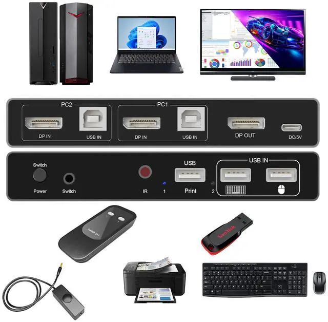 Alt view image 2 of 5 - KAGO Display Port KVM Switch,8K@60Hz 4K@144Hz DP KVM Switch 1 Monitor 2 Computers Share 3 USB2.0 Keyboard Mouse Printer,for Esports Gaming,3D Graphics Video,IR Remote,Displayport & USB Cable