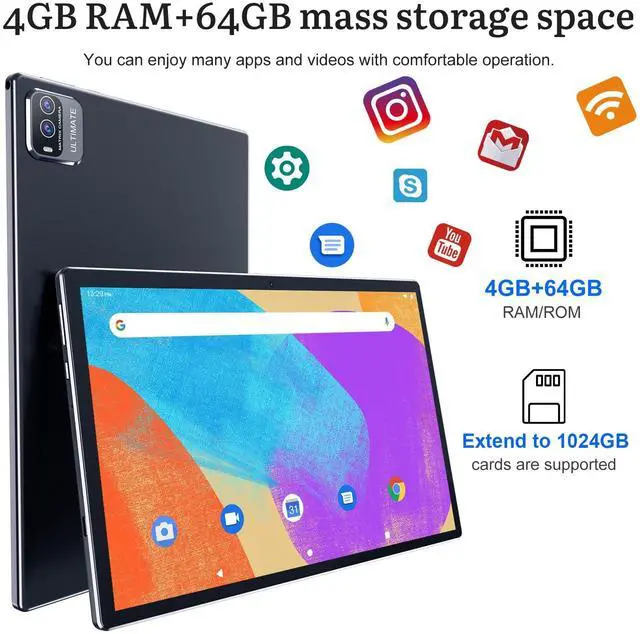 Alt view image 5 of 5 - 2 in 1 Tablet with Keyboard 10 Inch Android Tablets, 4GB+64GB+1024GB Expand 1.8Ghz Quad Core Tablet PC, 1280x800 IPS Touch Screen, WiFi, Bluetooth, Dual Camera, Google Certified Tableta, Black