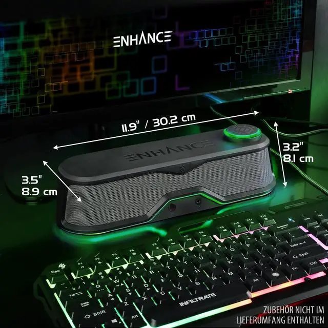Alt view image 2 of 5 - ENHANCE SB1 High Excursion Computer Soundbar - USB Powered Computer Speaker, Under Monitor Speaker with 10W Peak, LED Volume Control Knob, Headset Pass Through, Gaming Soundbar for PC