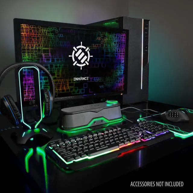 Alt view image 3 of 5 - ENHANCE SB1 High Excursion Computer Soundbar - USB Powered Computer Speaker, Under Monitor Speaker with 10W Peak, LED Volume Control Knob, Headset Pass Through, Gaming Soundbar for PC