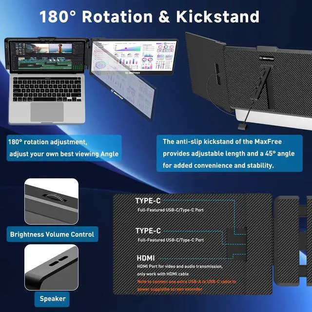 Alt view image 5 of 5 - Maxfree Laptop Screen Extender, S1 14'' Laptop Monitor Extender Dual Screen Plug & Play, 1080P FHD Portable Monitor for 13-17'' Laptops, Compatible with macOS/Windows/Dex/Android/Switch/PS5