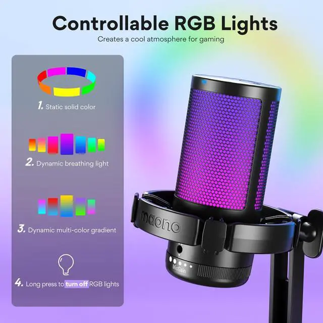 Alt view image 4 of 5 - MAONO USB Gaming Microphone for PC, Condenser Mic with Noise Cancellation, Software, RGB Lights, Mute, Gain for Streaming, Recording, Podcast, Chat, GamerWave DM30 RGB DGM20