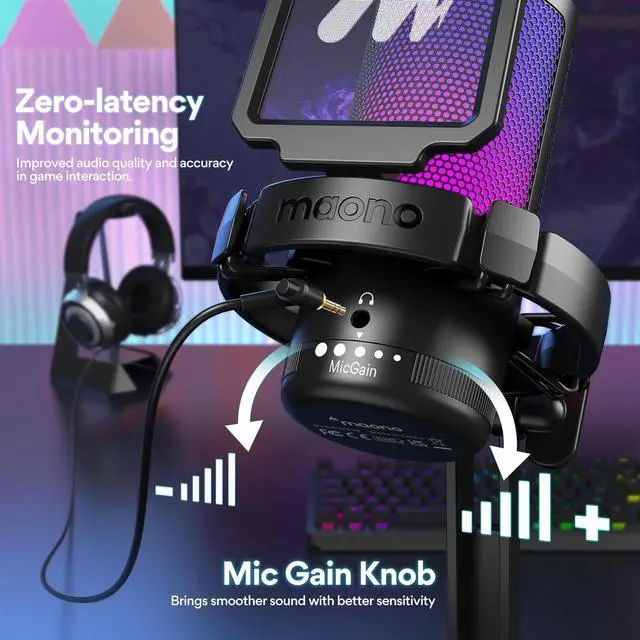 Alt view image 5 of 5 - MAONO USB Gaming Microphone for PC, Condenser Mic with Noise Cancellation, Software, RGB Lights, Mute, Gain for Streaming, Recording, Podcast, Chat, GamerWave DM30 RGB DGM20