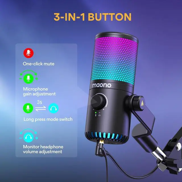 Alt view image 5 of 5 - MAONO Gaming USB Microphone with Headphones, Programmable PC Condenser Mic with RGB Lights, Mute, Gain, Zero Latency Monitoring for Streaming, Podcast, Twitch, YouTube, Discord, Computer, DM30 RGB