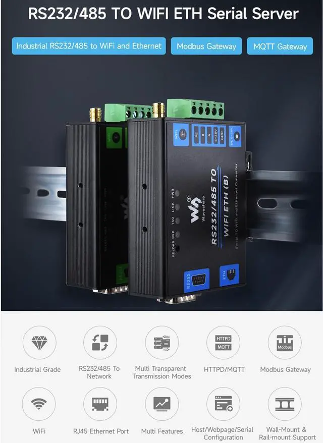 Alt view image 2 of 5 - waveshare RS232/485 to WiFi and Ethernet Converter Serial Server, Modbus Gateway, MQTT Gateway,Serial Port to HTTPD Client, Allow Serial Port to WiFi, Serial Port to Ethernet, Ethernet to WiFi