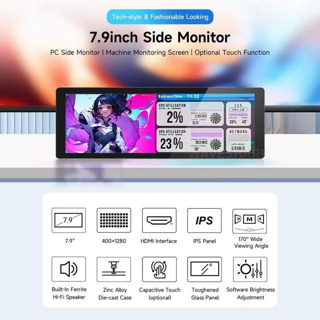 Alt view image 3 of 5 - waveshare 7.9inch IPS Display, 400×1280 Pixel, Compatible with Raspberry Pi 5/4B/3B+/3A+/2B/B+/A+/Zero/Zero W/WH/Zero 2W CM3+/4, HDMI Interface, Hi-Fi Speaker, Without Touch Function