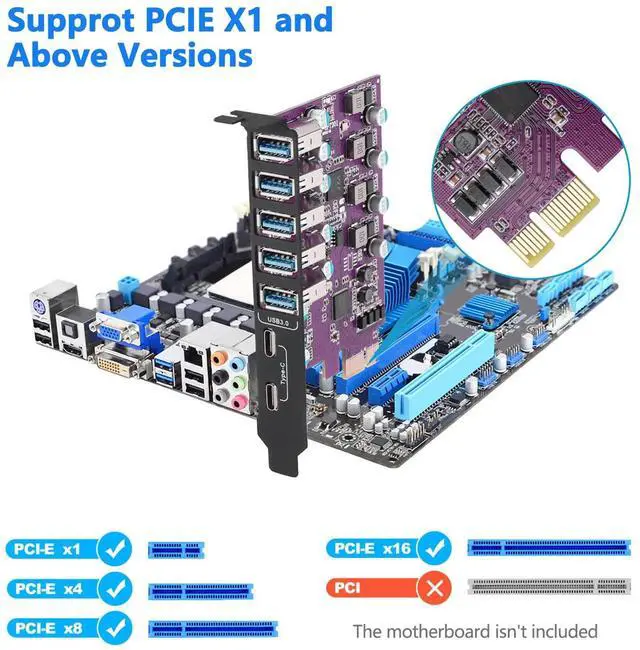 Alt view image 3 of 5 - 7-Ports PCIe to USB 3.0 Expansion Card (2 USB Type-C and 5 USB Type-A Ports), Internal Converter PCI Express Expansion Card for Desktop PC Card, Support Windows XP/7/8/10 and MAC OS (Purple)