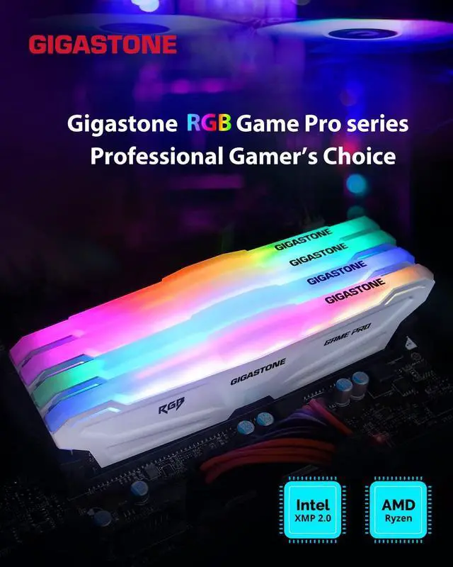 Alt view image 2 of 5 - RGB DDR4 RAM GIGASTONE Game PRO 16GB Kit (2x8GB) DDR4-3200MHz PC4-25600 CL 16-20-20-40 Intel XMP 2.0 AMD Ryzen 1.35V UDIMM 288 Pin Unbuffered Non ECC High Performance Gaming Desktop Memory - White